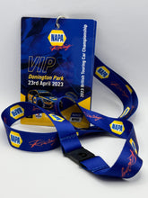 Printed lanyard with event pass, blue with logo design, available in four sizes.