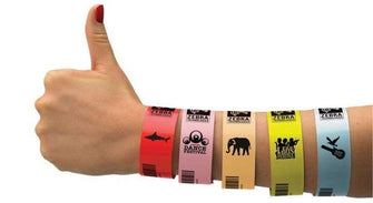 Samples of Polypropylene Wristbands with Adhesive Tab on a lady's wrist